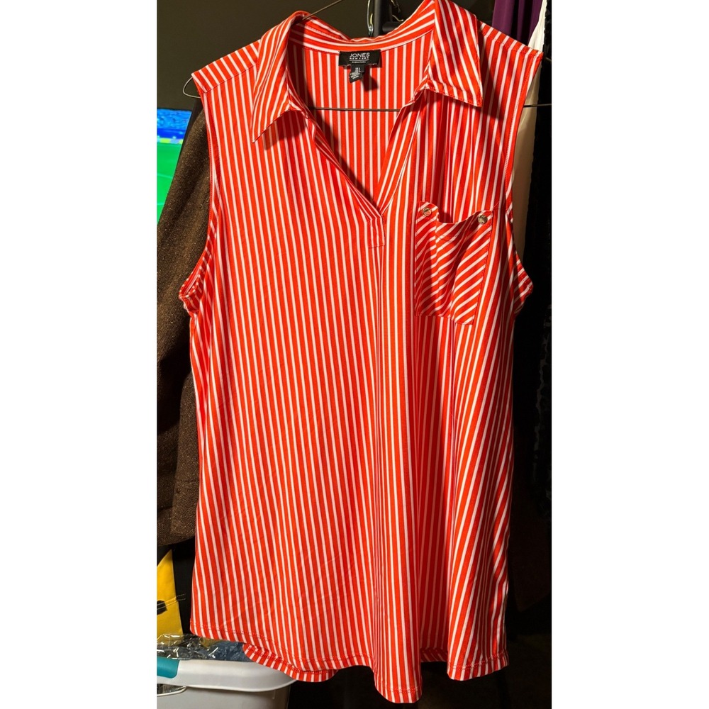 Jones New York Blouse Womens Large Orange Excellent Striped Sleeveless V-Neck